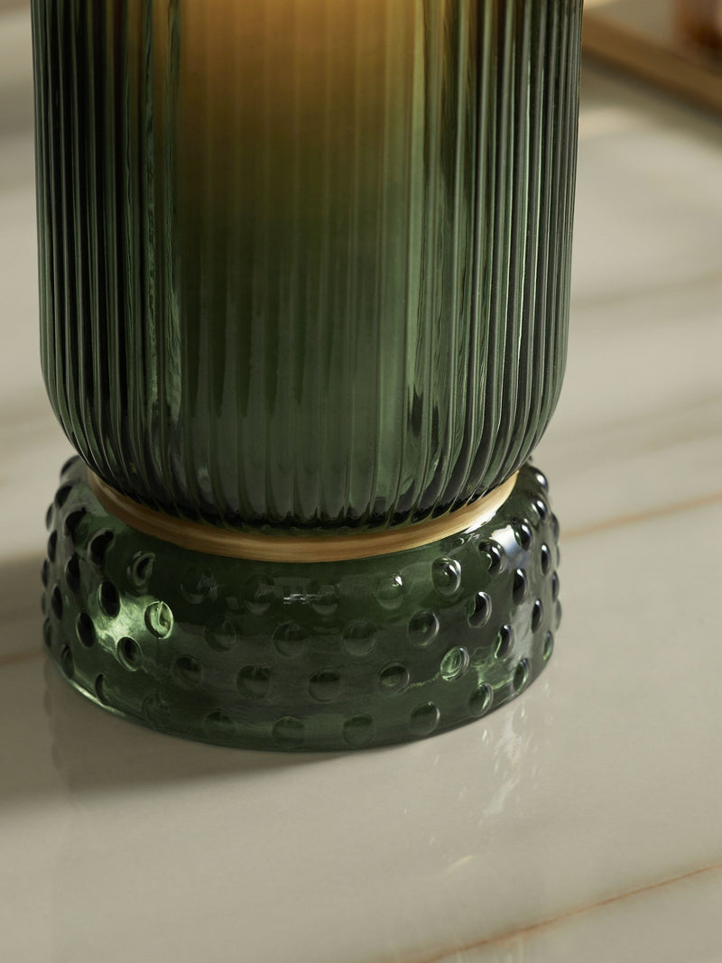 Green ribbed glass hurricane candle holder medium, UK version
