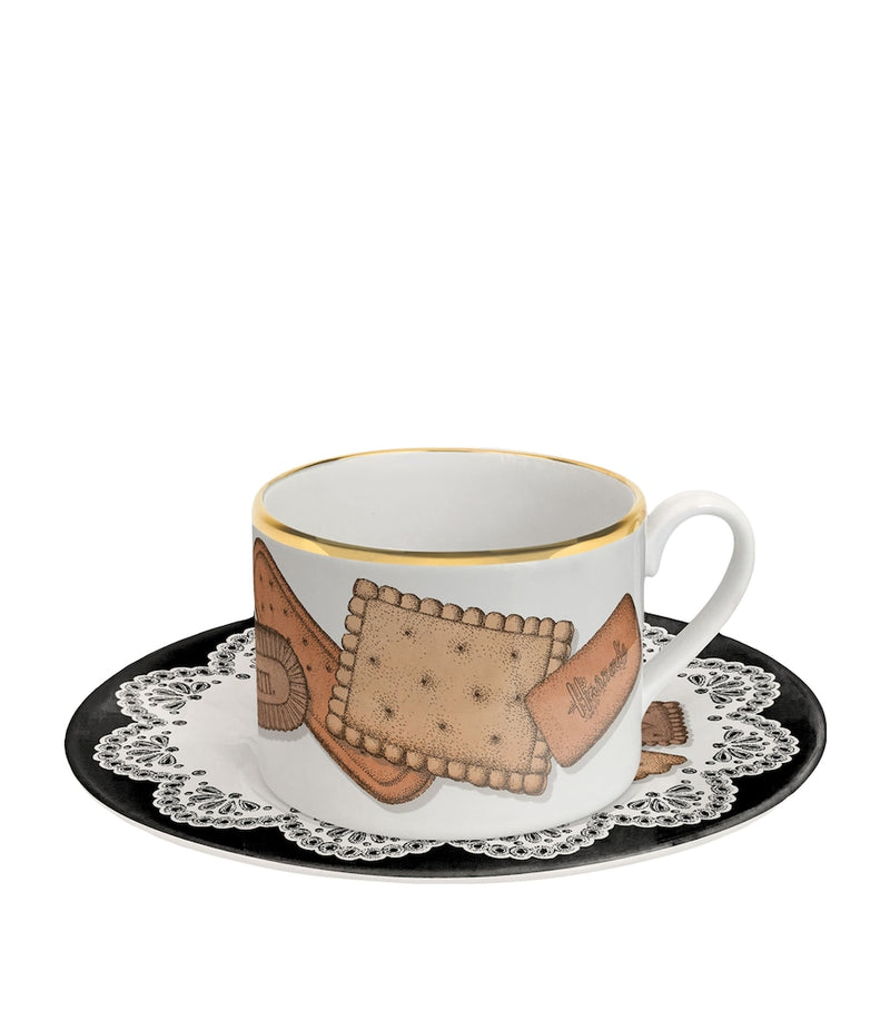 Fornasetti porcelain Biscotti teacups and saucers set of 6 - British product
