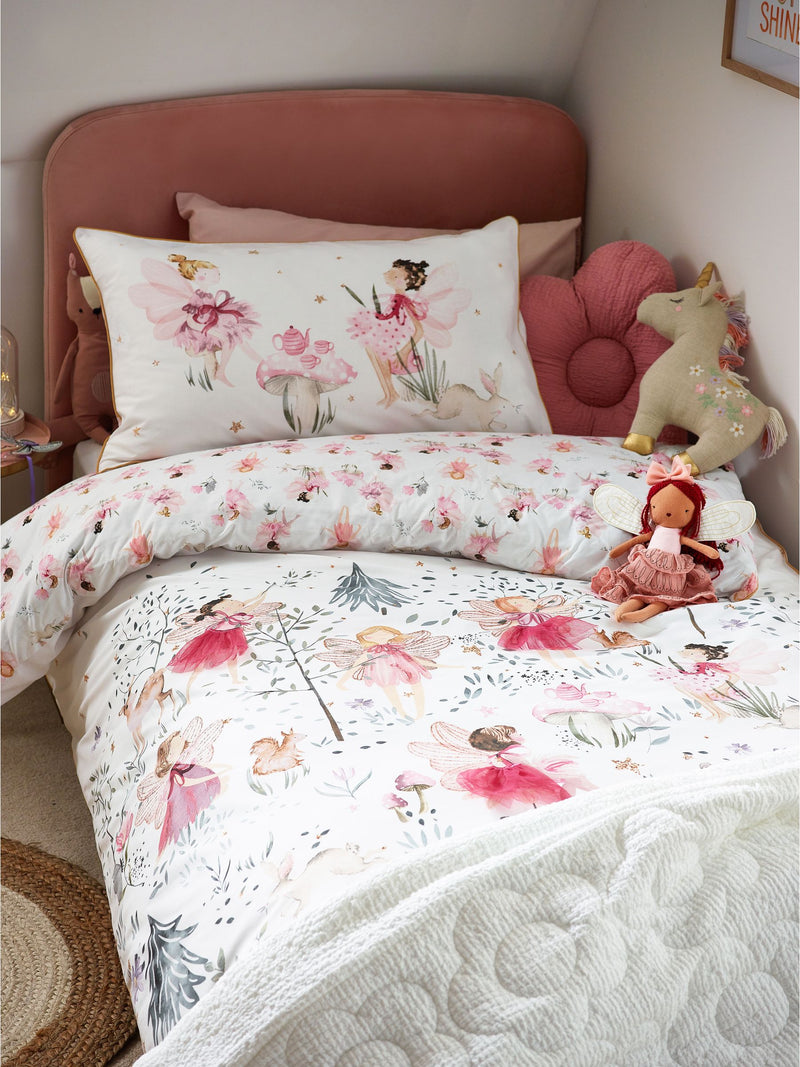 White Fairy Forest printed polycotton duvet cover and pillowcase set (British brand)