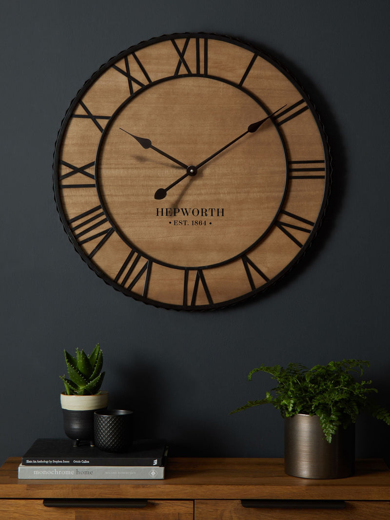 Bronx natural black wooden wall clock 60cm diameter, imported from the UK