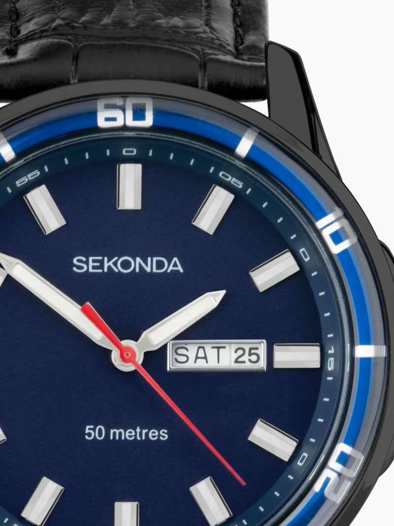 Sekonda Black Midnight 44mm Analogue Watch With Case And Leather Upper Strap With Dial
