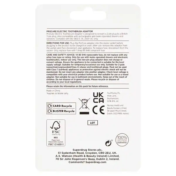Superdrug ProCare power toothbrush adaptor (British brand)