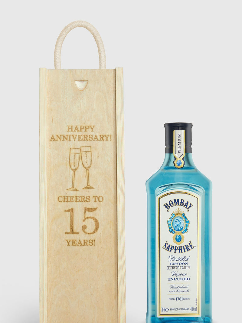Bombay Sapphire gin personalised anniversary gift box, imported from the UK