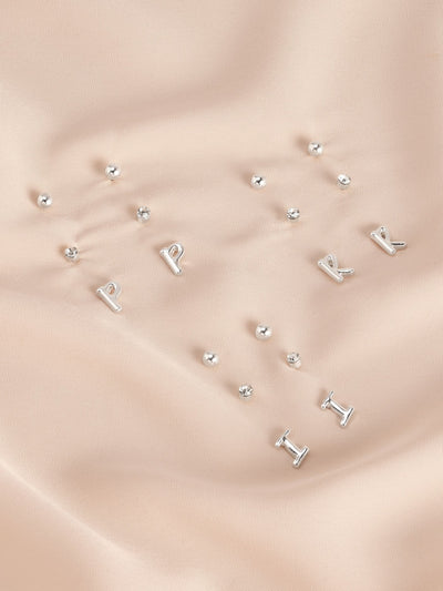 Silver Tone Initial Stud Earrings Multipack