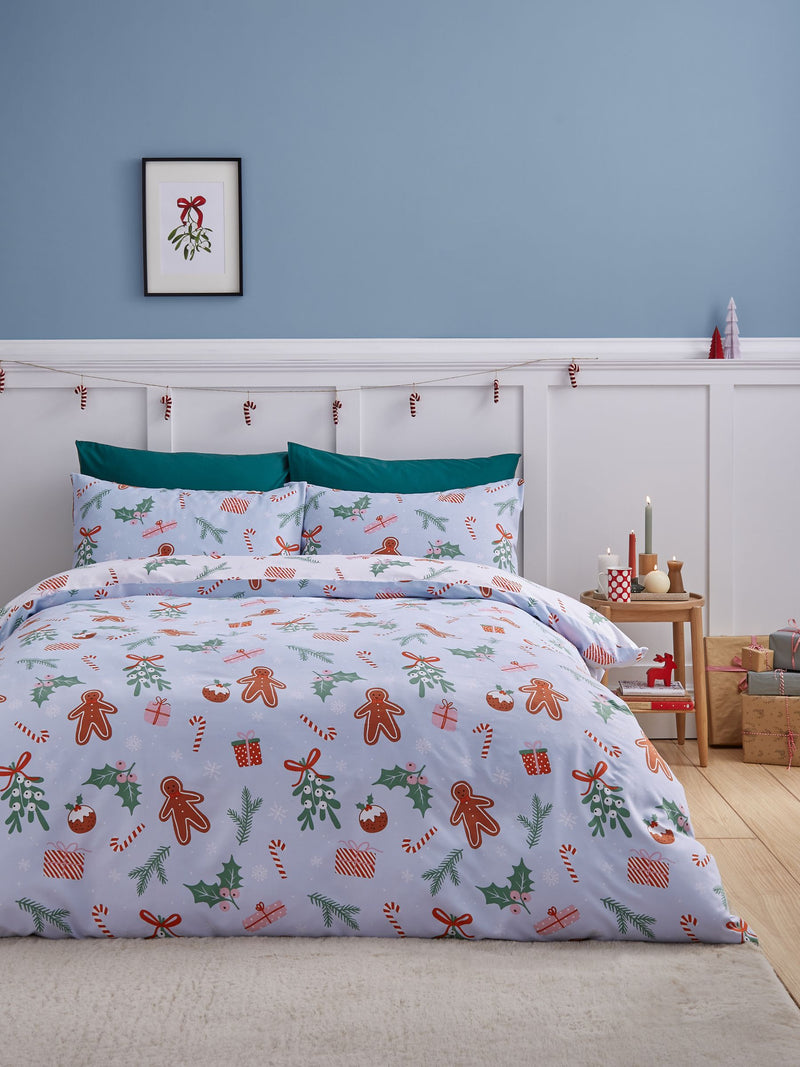 Catherine Lansfield Blue Christmas Gingerbread Non-Iron Duvet Cover Set - British product