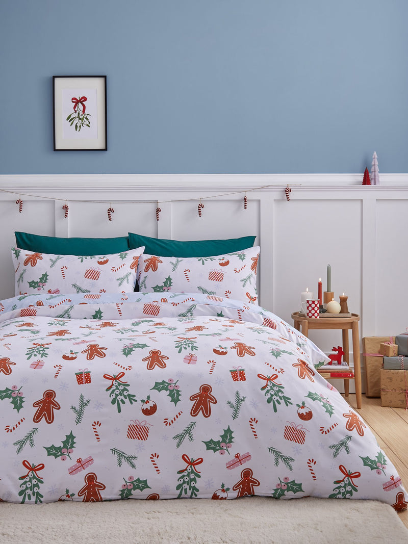 Catherine Lansfield Blue Christmas Gingerbread Non-Iron Duvet Cover Set - British product