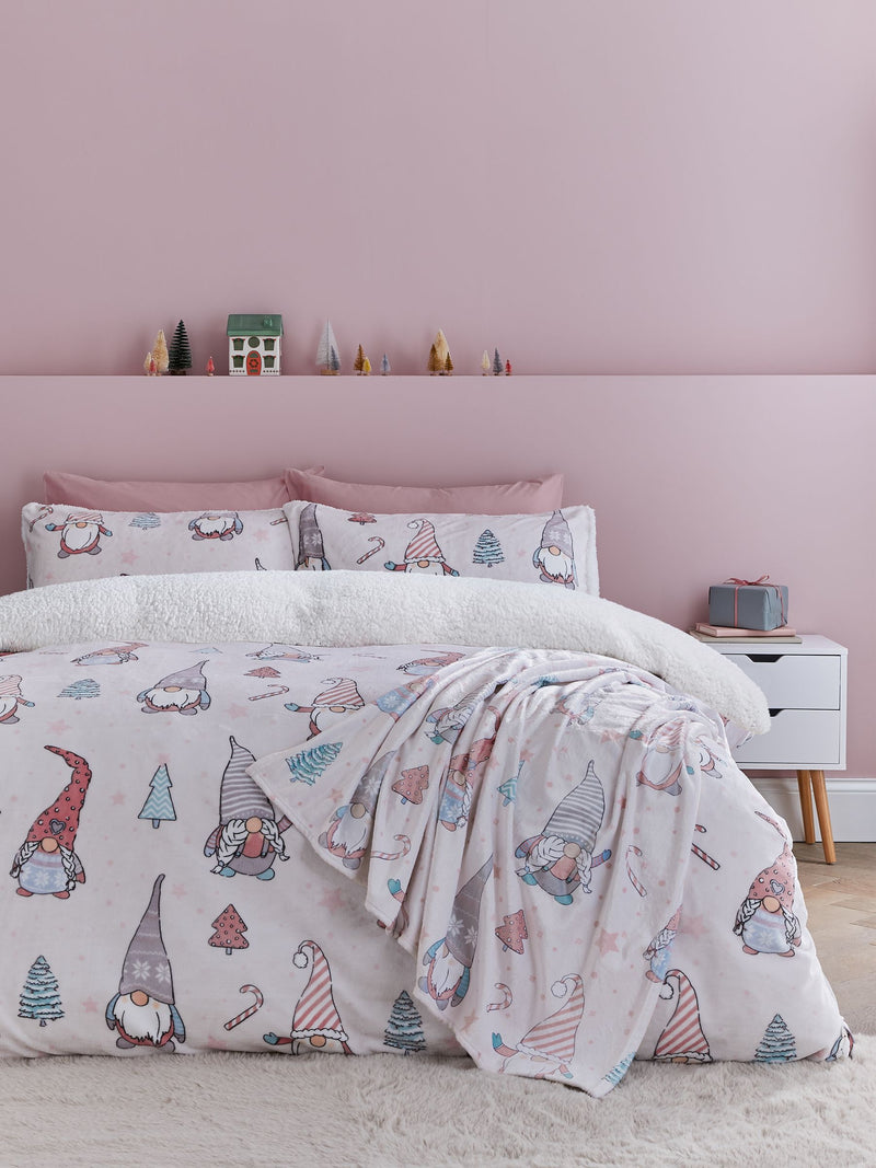 Catherine Lansfield Blush Pink Christmas Festive Gonk Cosy Fleece Duvet Cover Set - British product