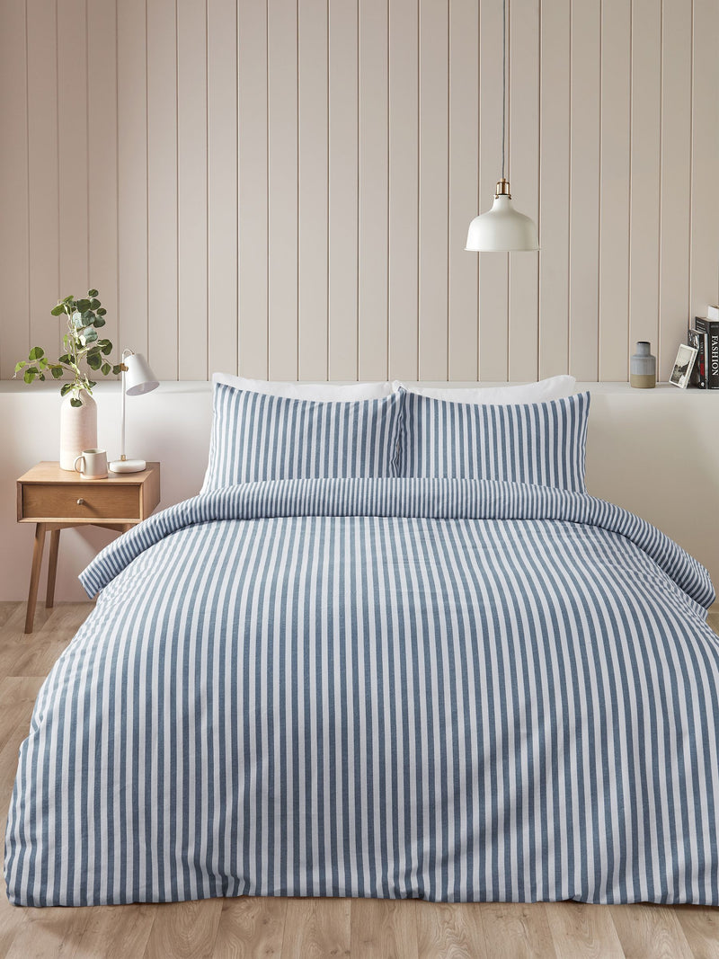 Catherine Lansfield Chambray blue reversible stripe duvet cover set - British product