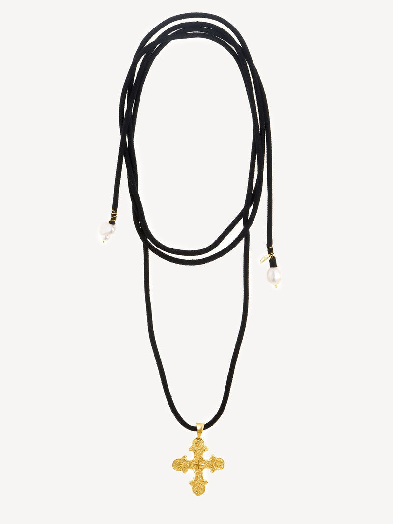 Gold Plated Cross Charm Necklace with Zirconia Stars and Suede Cord