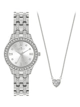 Spirit Ladies Silver Tone Bracelet Watch and Heart-Shaped Stone Necklace Fashion Jewellery Set