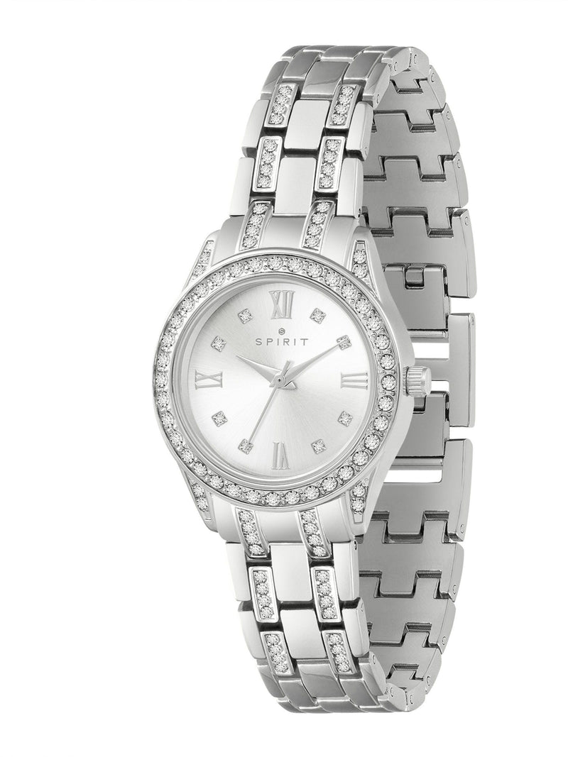 Spirit Ladies silver tone bracelet watch and heart-shaped stone necklace set (British brand)