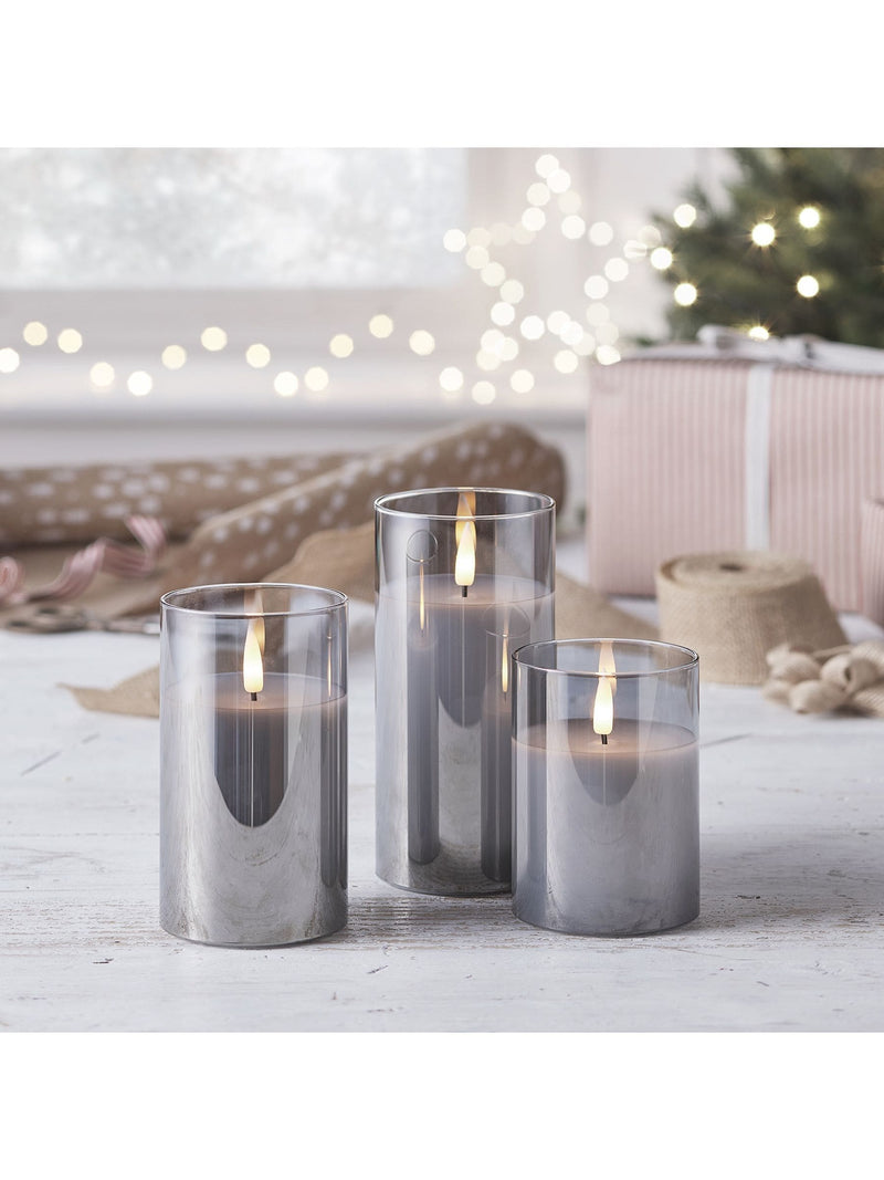 Lights4fun TruGlow® Smoked Grey LED Glass Candle Trio