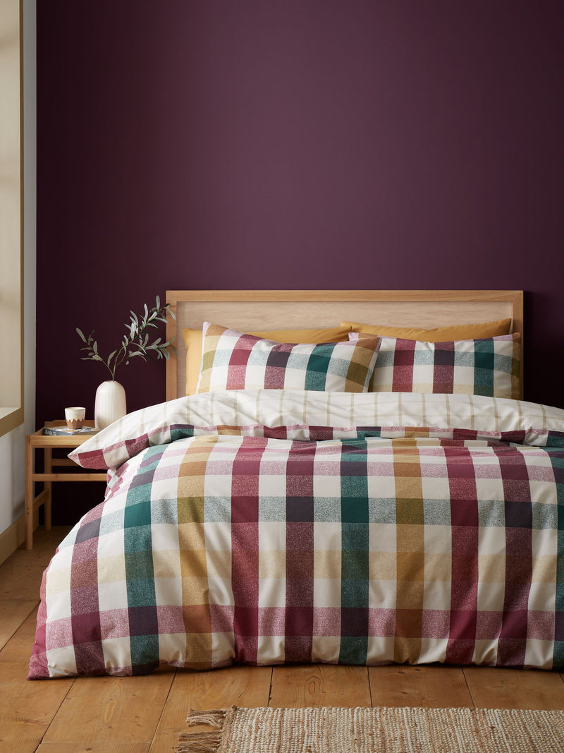 Catherine Lansfield plum gingham check reversible duvet cover set - British product