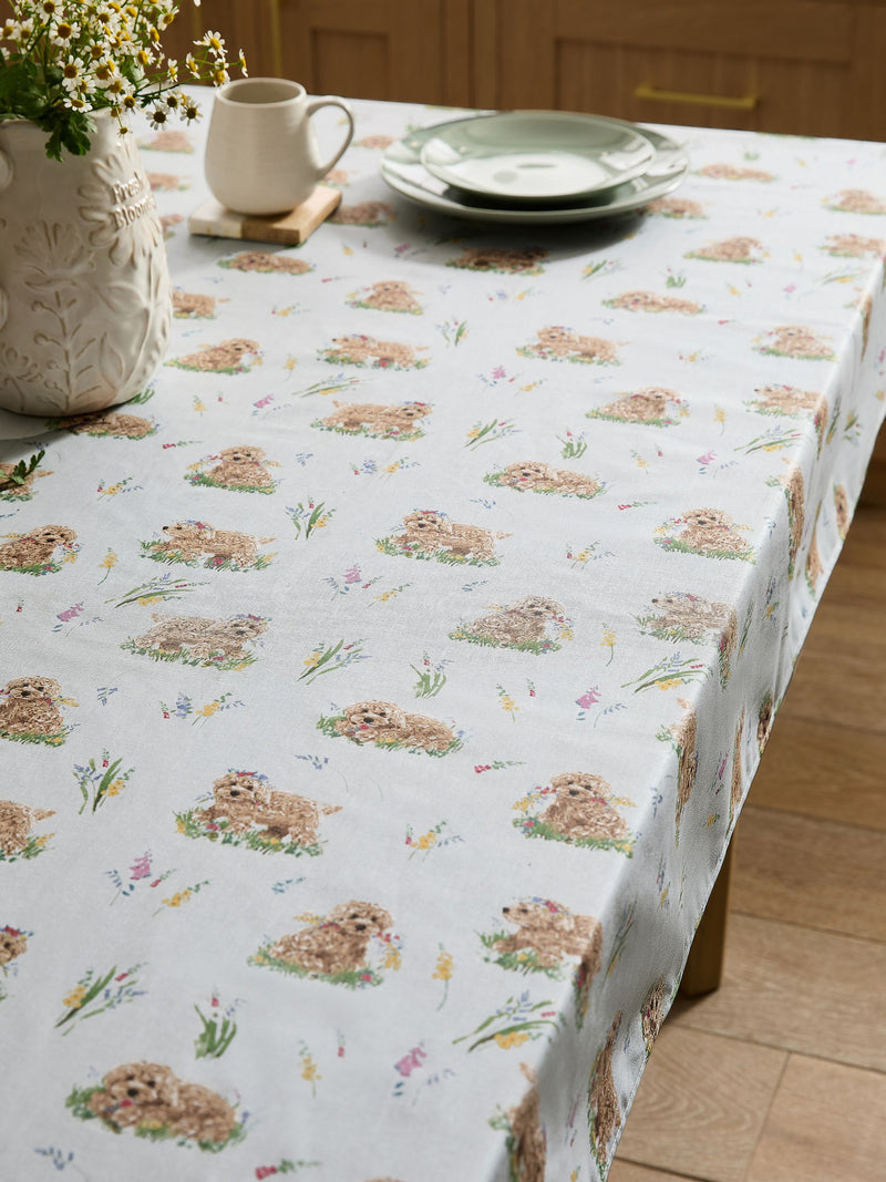 Sage green wipe clean tablecloth featuring Charlie the Cockapoo design (British brand)