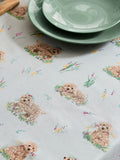 Sage green wipe clean tablecloth featuring Charlie the Cockapoo design (British brand)