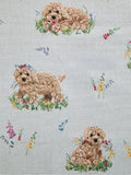 Sage green wipe clean tablecloth featuring Charlie the Cockapoo design (British brand)