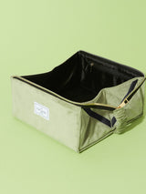 The Flat Lay Co. Open Flat Box Makeup Bag Sage Green Velvet Makeup Organizer Bag