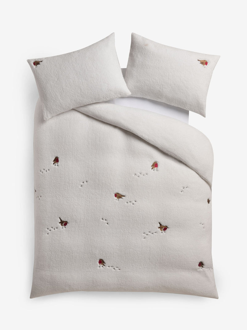 White Christmas Robin Fleece Duvet Cover and Pillowcase Set (British brand)