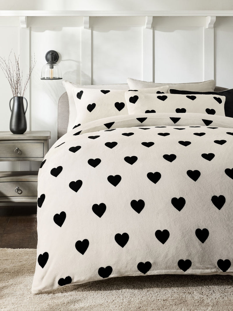 Fleece duvet cover and pillowcase set with heart print (British brand)