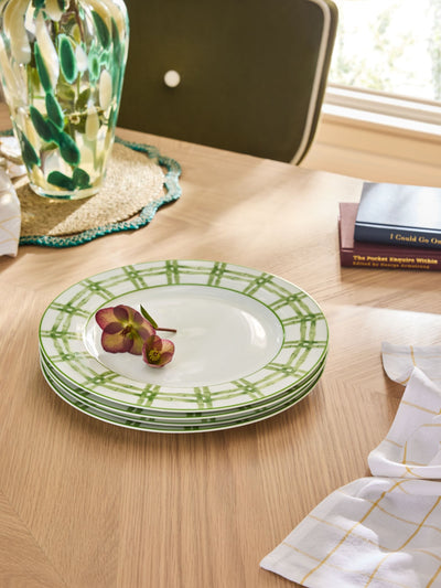 Nina Campbell Green/White Bamboo Set of 4 Porcelain Dinner Plates 26.5cm Diameter