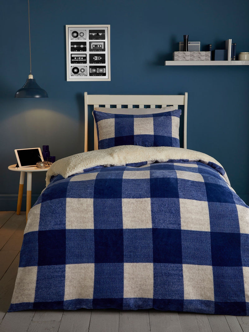 Bedlam Cosy Theo blue gingham plush duvet cover set - British product