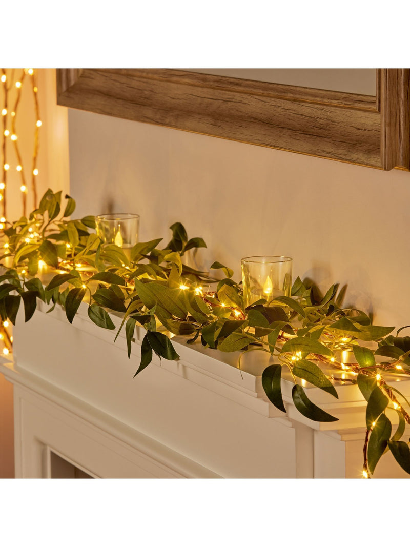 Premier Decorations Ltd Green Leaf Garland with Warm White Micro Brigh Lights 1.5m, imported from the UK