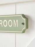 Green Sage reversible bathroom door sign with slogan, 11.5cm x 11cm, UK version