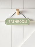 Green Sage reversible bathroom door sign with slogan, 11.5cm x 11cm, UK version