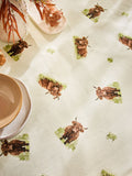 Wipe-clean cotton tablecloth with Hamish Highland cow print, imported from the UK
