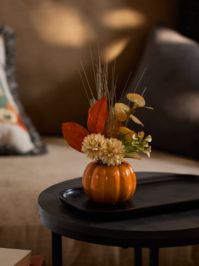 Orange artificial flowers in ceramic pumpkin pot 28cm, imported from the UK