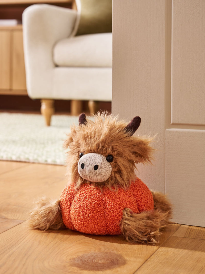 Hamish The Highland Cow orange pumpkin plush doorstop, imported from the UK