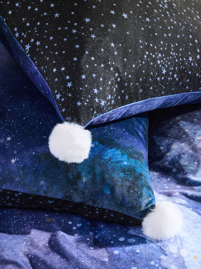 Blue snowglobe Christmas velvet duvet cover and pillowcase set - British product