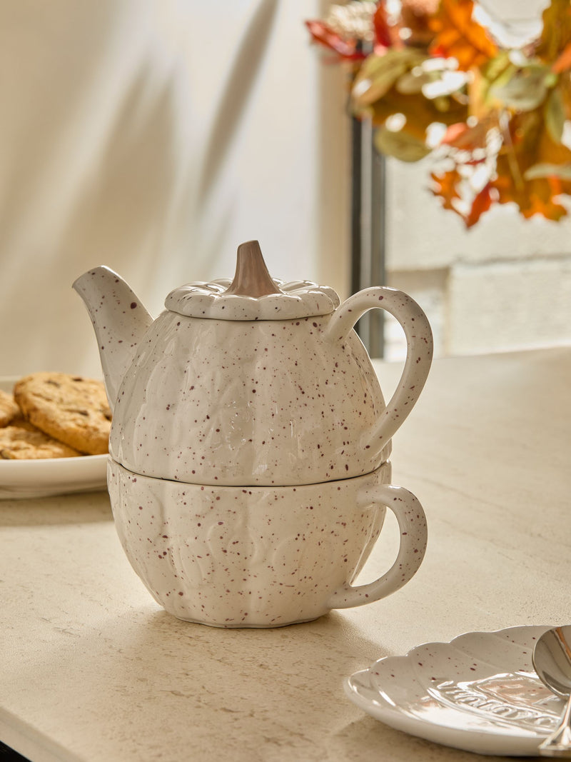 Natural Speckle Pumpkin Stacking Teapot and Teacup