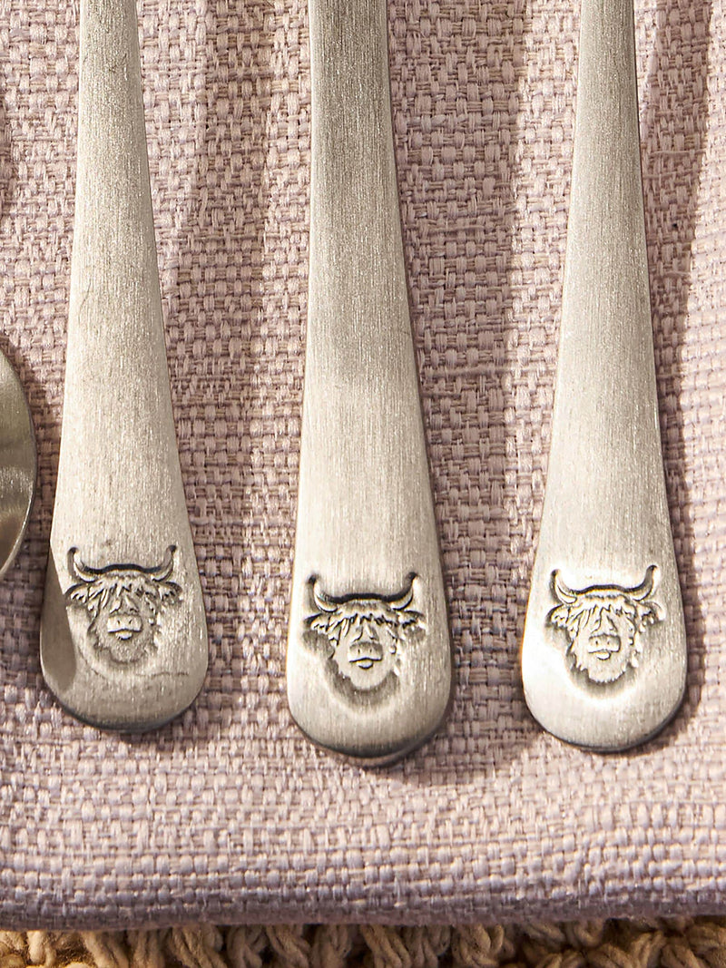 16-Piece Brushed Silver Cutlery Set Featuring Highland Cow Design, UK version