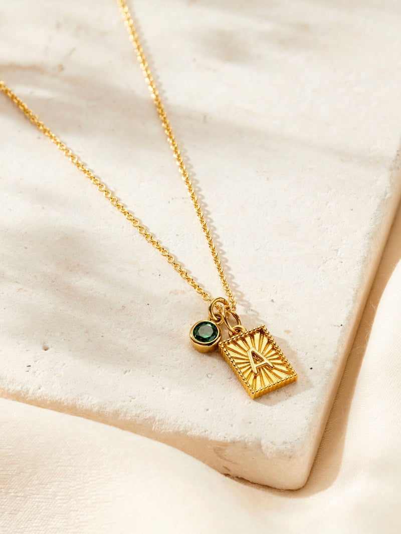 Personalized Initial and Birthstone Charm Necklace in Gold-Plated Sterling Silver