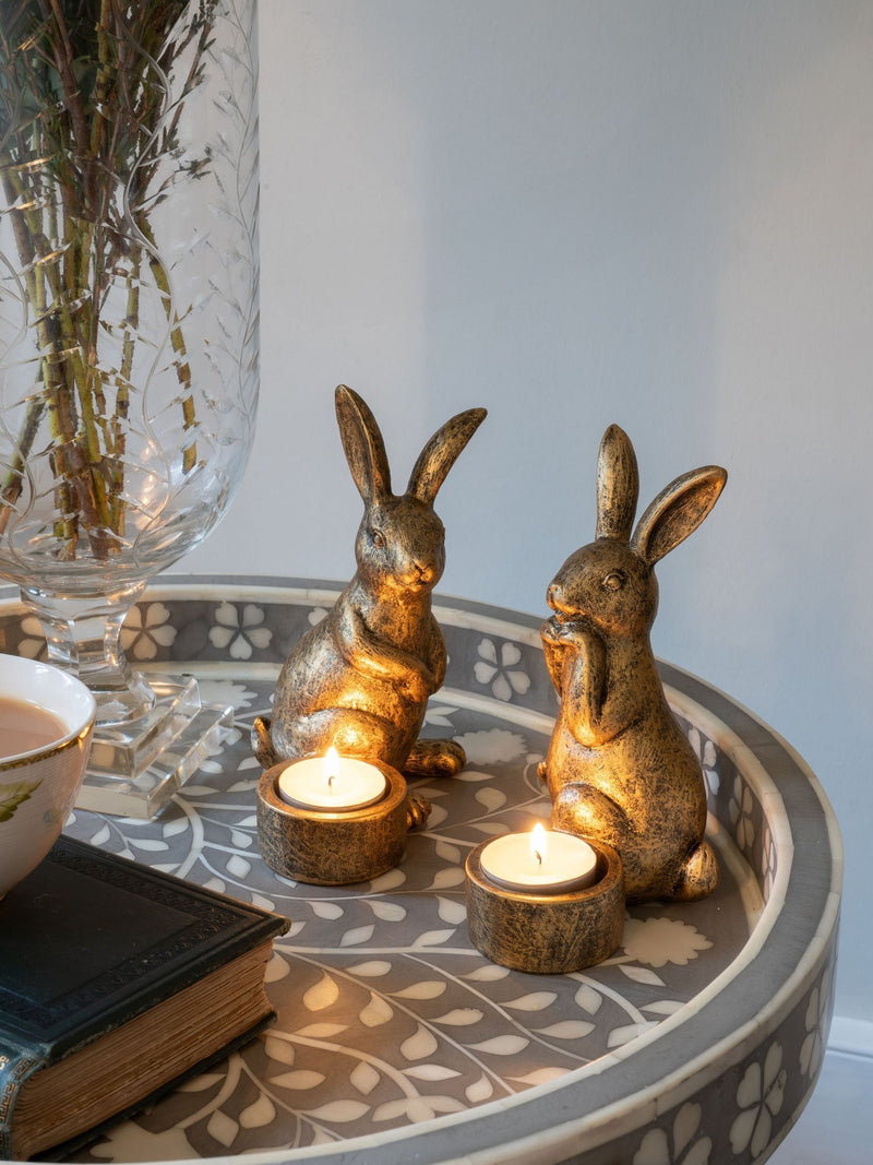 Laura Ashley gold rabbit tea light holders set of 2, UK version