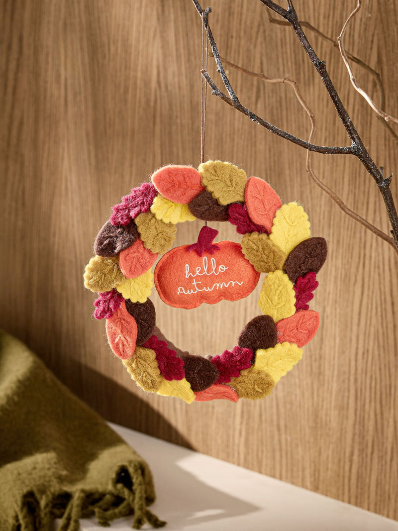 Felt pumpkin hanging decoration with Hello Autumn embroidery, imported from the UK