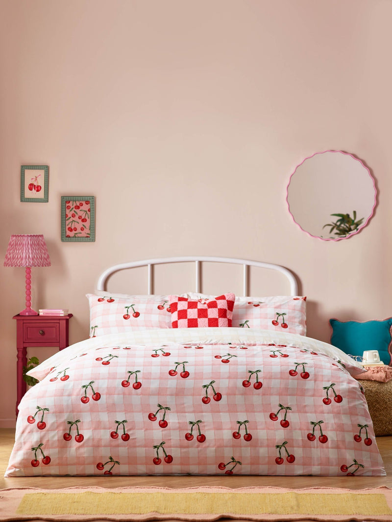 heya home Pink Cherry Gingham Duvet Cover Set, UK version