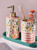 Lucy Tiffney Cream/Pink/Green Leaf soap dispenser and toothbrush tidy set, UK version