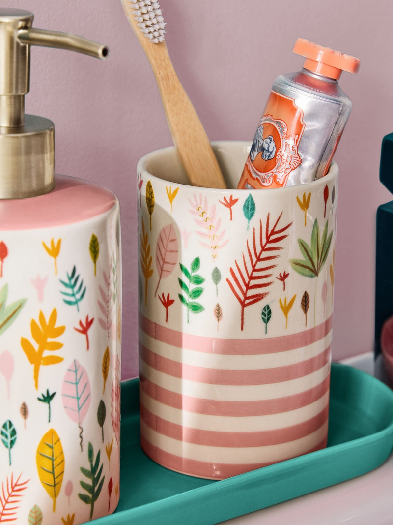 Lucy Tiffney Cream/Pink/Green Leaf soap dispenser and toothbrush tidy set, UK version