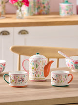 Lucy Tiffney Cream, Pink, Green Leaf Tea Set for Two - Stoneware Tea Set