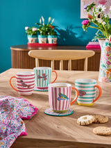 Lucy Tiffney Set of 4 Cream/Pink/Green Stripe Stoneware Mugs