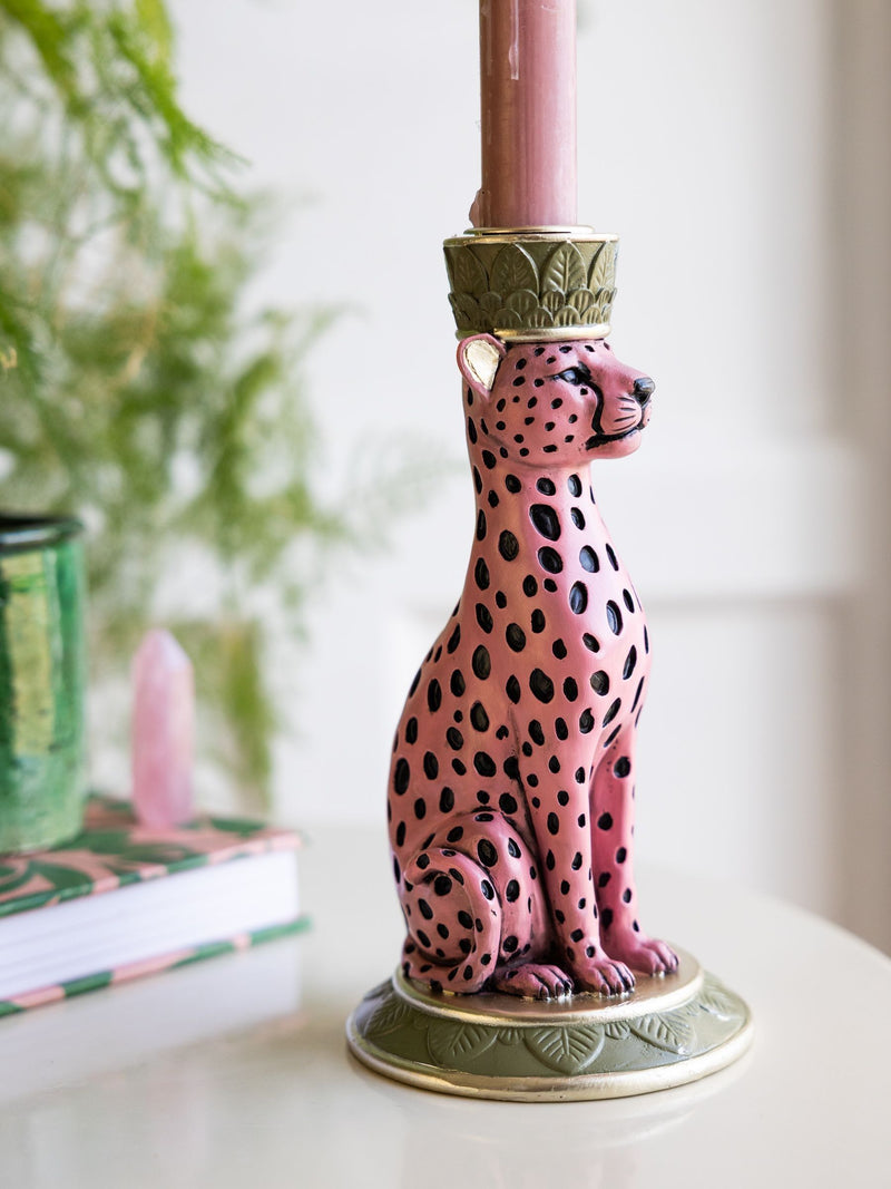 Rockett St George pink/black leopard print taper candle holder 17cm height, imported from the UK