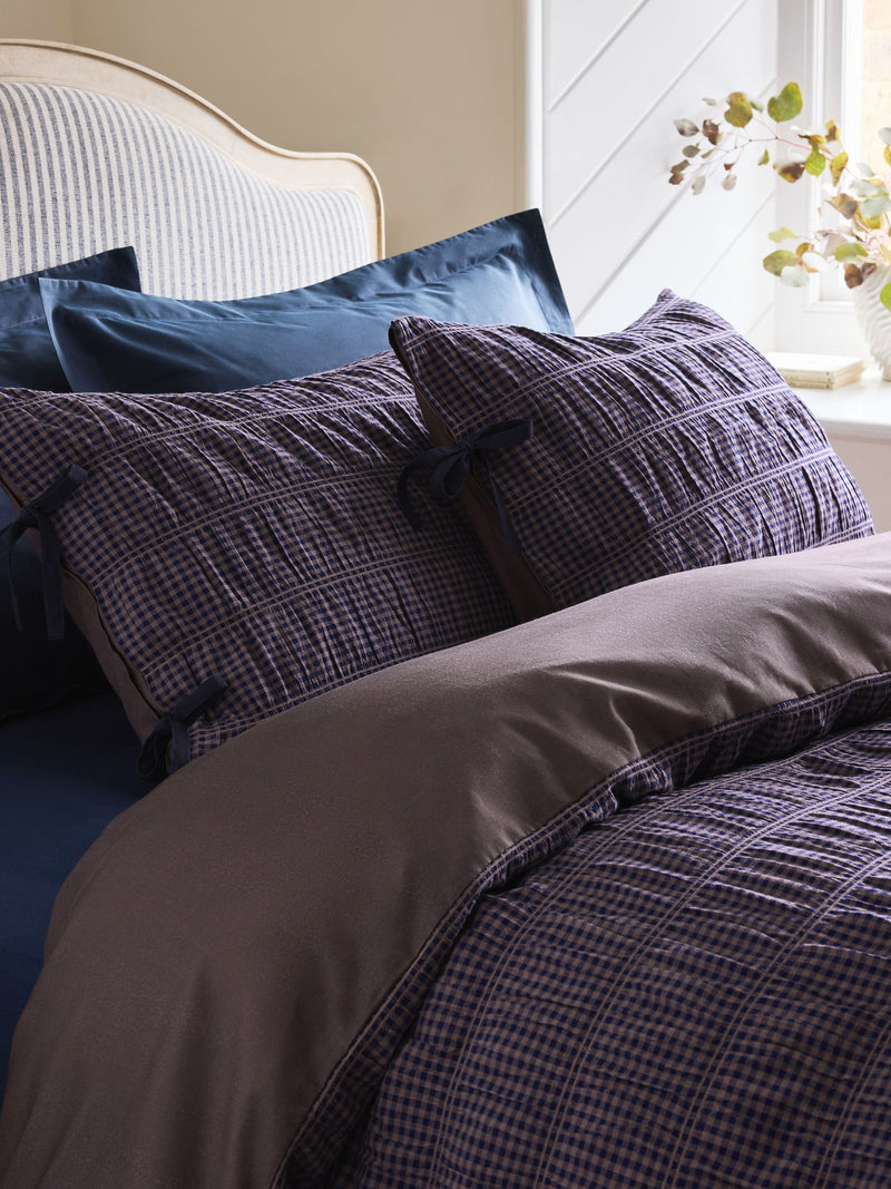 Blue gingham ruched duvet cover and pillowcase set - British product