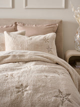 Natural Cosy Embroidered Faux Fur Duvet Cover and Pillowcase Set