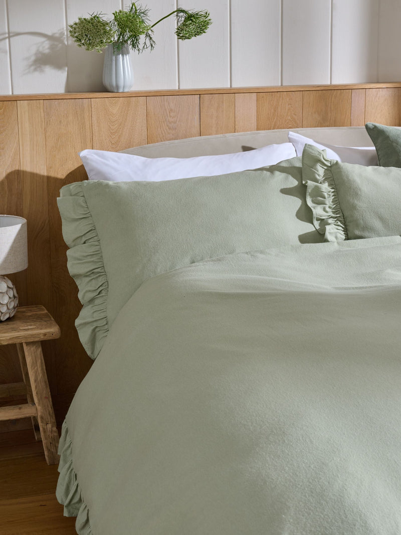 Sage Green Brushed Frill Edge Supersoft Duvet Cover and Pillowcase Set