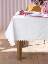 White Wiggle Trim 100% Cotton Tablecloth