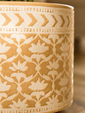 Nina Campbell Ochre Lotus stoneware plant pot with embossed leaf design, imported from the UK.