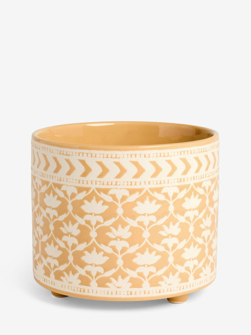 Nina Campbell Ochre Lotus stoneware plant pot with embossed leaf design, imported from the UK.