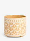 Nina Campbell Ochre Lotus stoneware plant pot with embossed leaf design, imported from the UK.